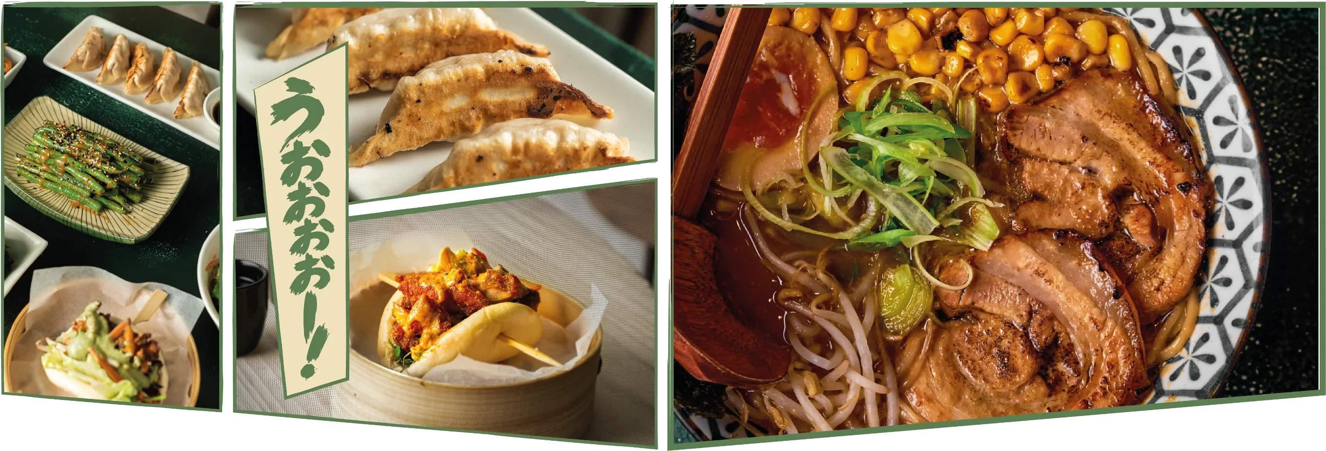 Gyozes, mongetes tendres, baos i un bol de ramen amb chashu de porc i blat de moro